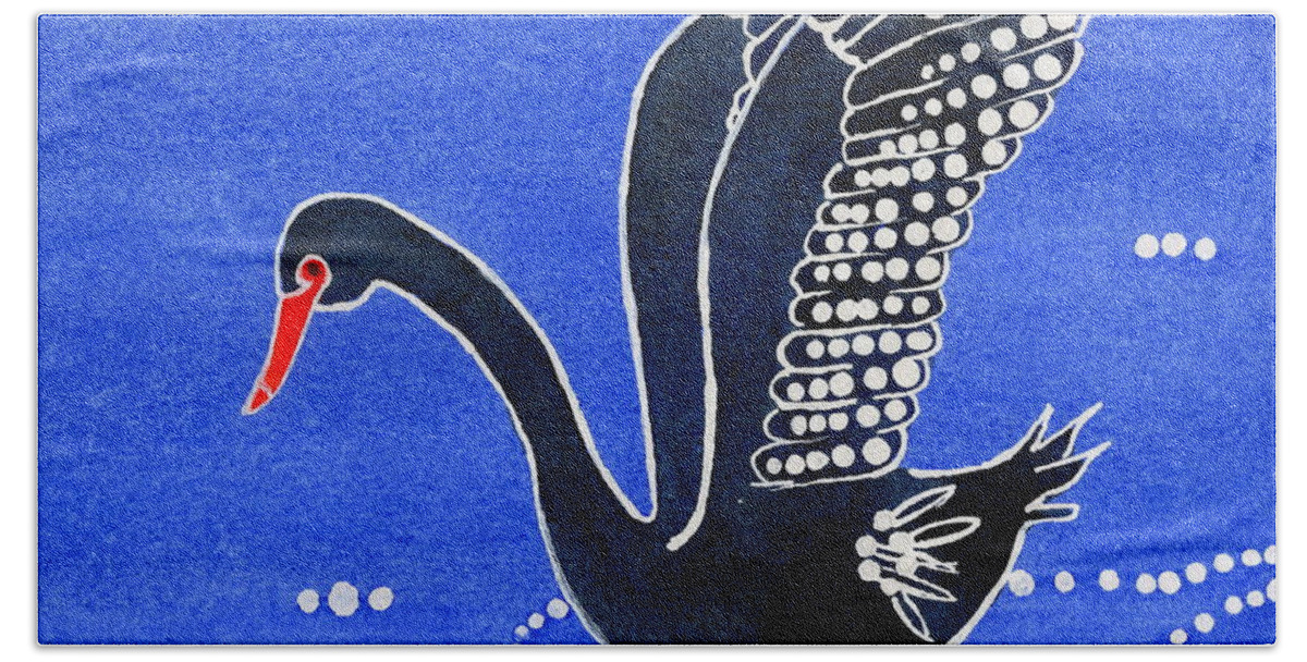 Black Swan Bath Towel featuring the painting Dhundhu, Wiradjuri Black Swan by Vicki B Littell