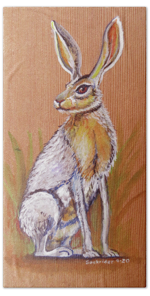 Black-tailed Hand Towel featuring the painting Black-tailedJack Rabbits by David Sockrider