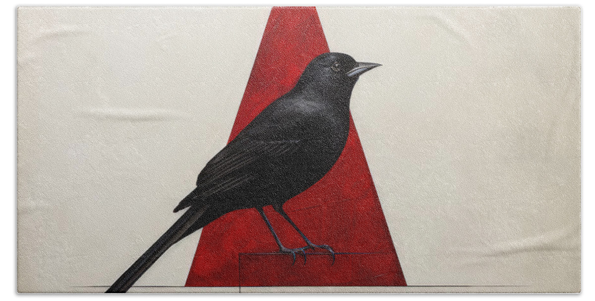 Cardinal Hand Towel featuring the painting Blackbird on a Triangle of Red by Lourry Legarde