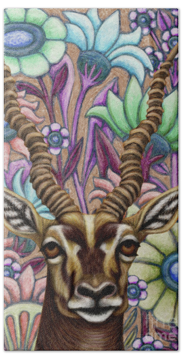 Antelope Bath Towel featuring the painting Blackbuck Floral by Amy E Fraser