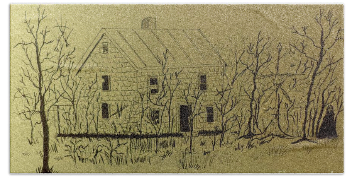  Bath Towel featuring the drawing Blair Witch House Ink Drawing by Donald Northup
