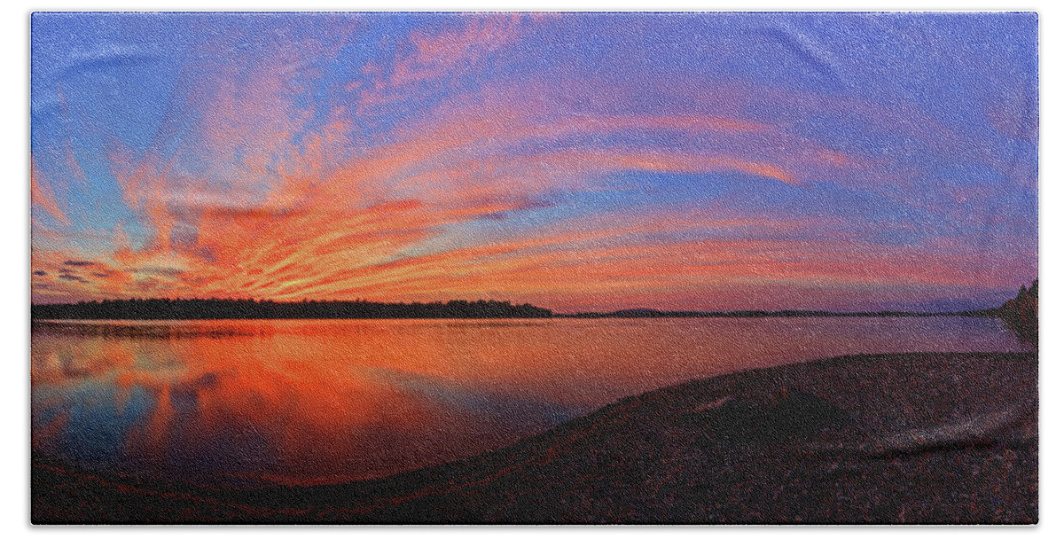 Maine Scenic Bath Towel featuring the photograph Blazing Sunset at Pocomoonshine by ABeautifulSky Photography by Bill Caldwell