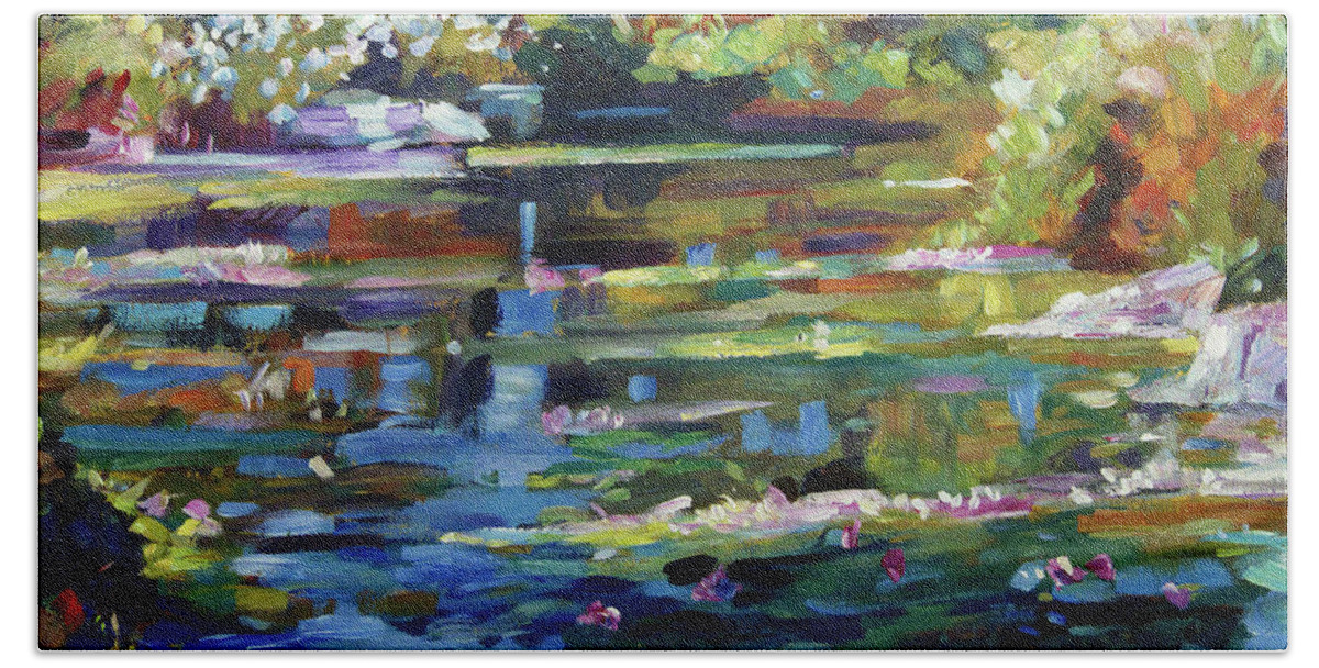 Landscape Hand Towel featuring the painting Blooming Lily Pond by David Lloyd Glover