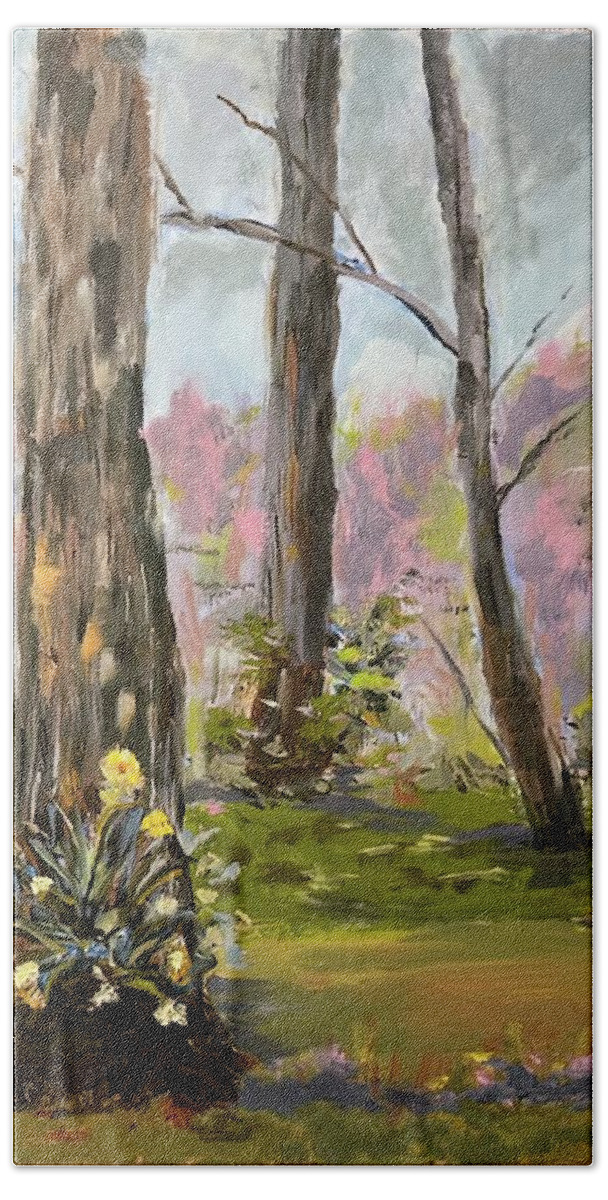 Landscape Oil Painting Bath Towel featuring the painting Blooms Among the Trees by Donna Carrillo