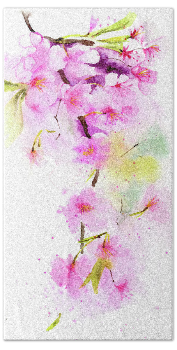 Blossom Cherry Painting Hand Towel featuring the painting Blossom Cherry by Paintis Passion