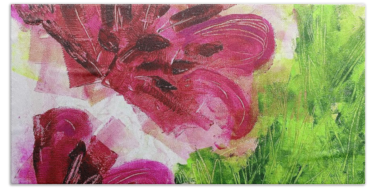 Julie-hoyle-art Hand Towel featuring the mixed media Blossoming by Julie Hoyle