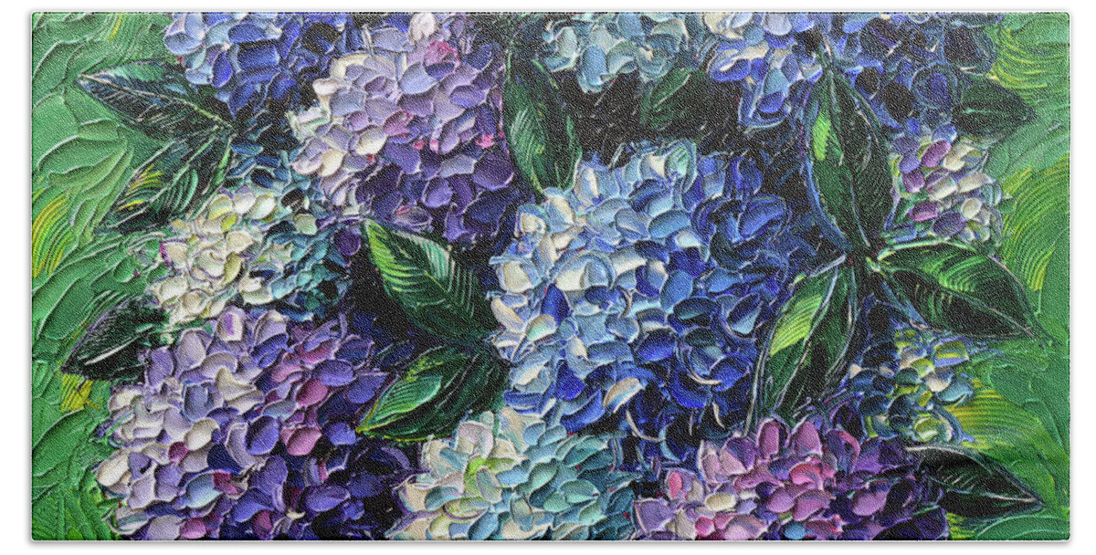 Hydrangeas Bath Towel featuring the painting Blue And Purple Hydrangeas by Mona Edulesco