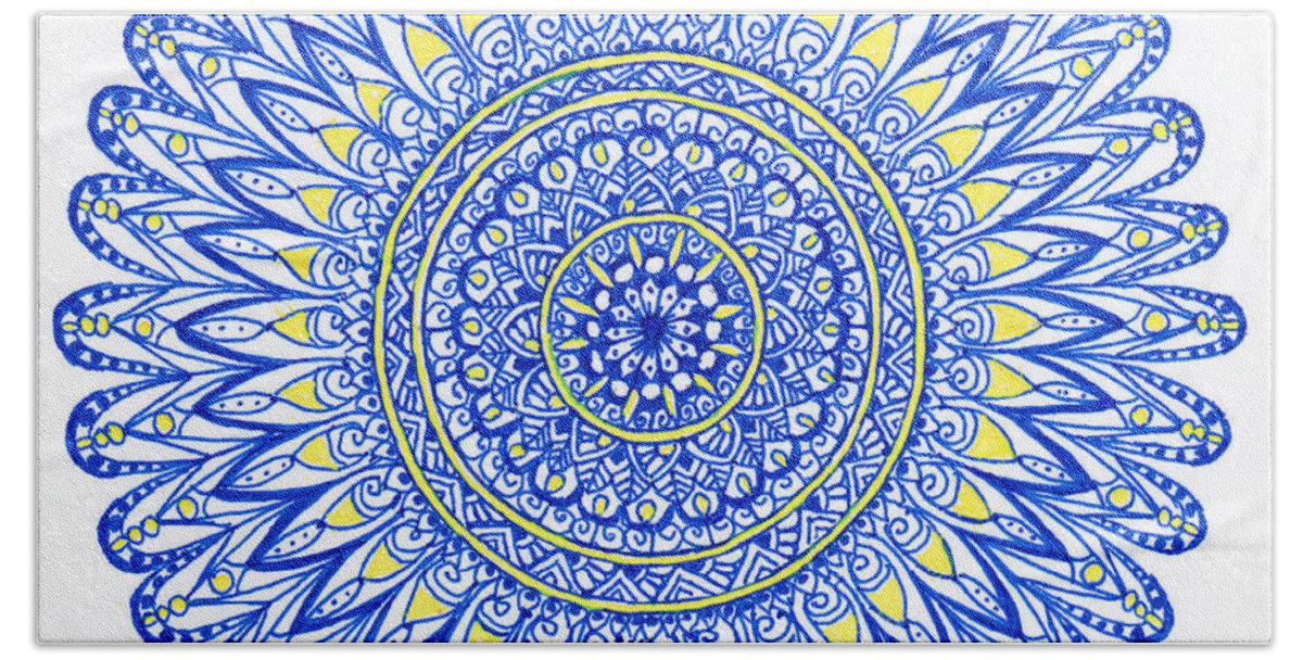 Mandala Bath Towel featuring the drawing Blue and Yellow Flower Mandala by Laura Iverson