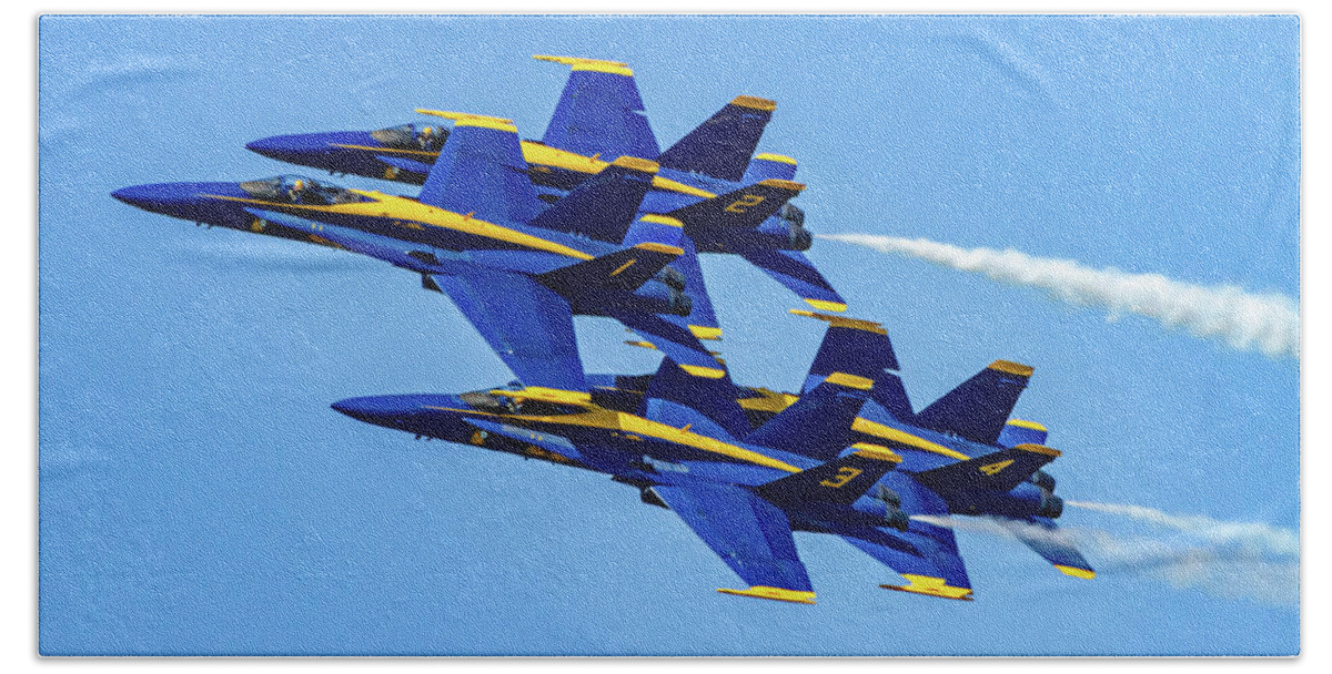 F-18 Hand Towel featuring the photograph Blue Angels And Blue Skys by Bill Gallagher