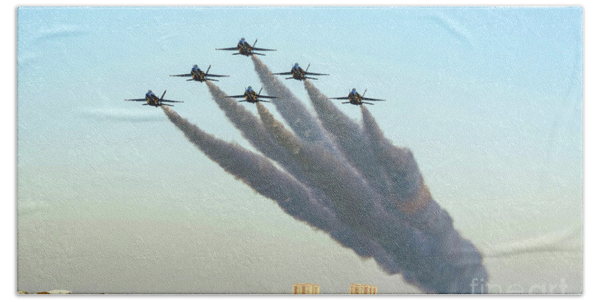 Blue Angels Hand Towel featuring the photograph Blue Angels over Pensacola Beach, Florida by Beachtown Views