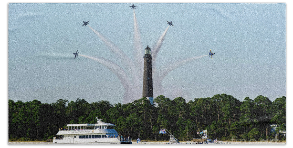 Blue Angels Hand Towel featuring the photograph Blue Angels over Pensacola Lighthouse by Beachtown Views