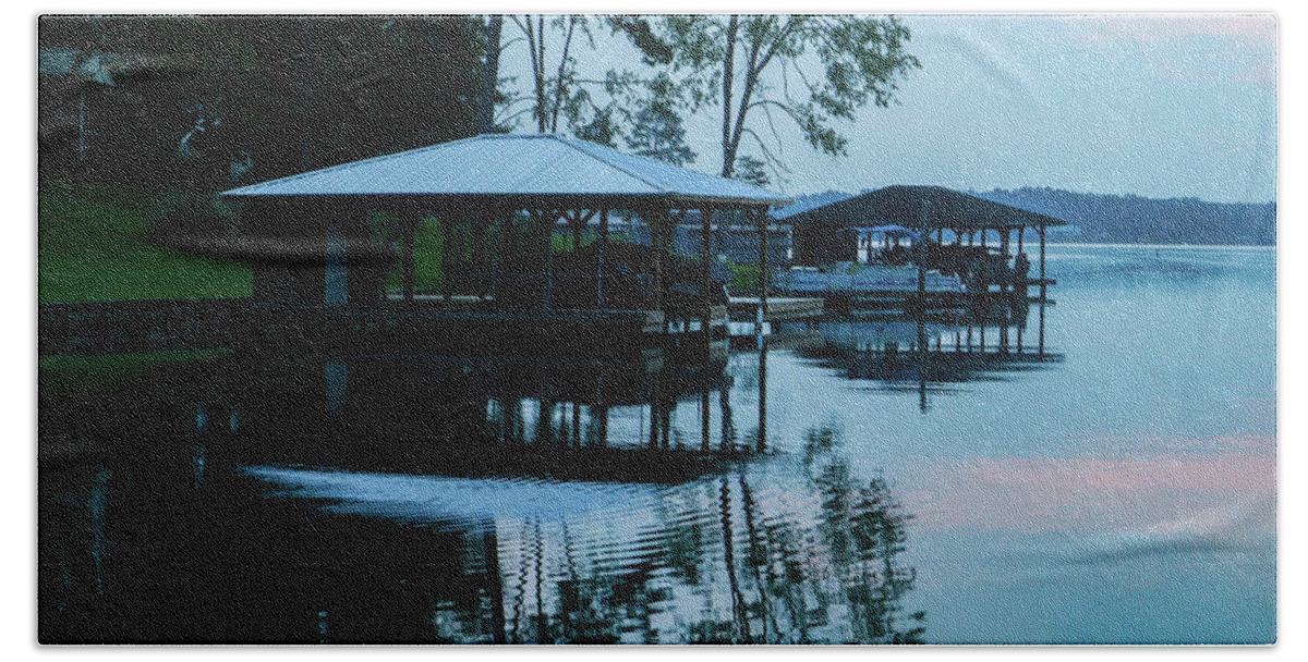 Morning Hand Towel featuring the photograph Blue Boathouses by Ed Williams