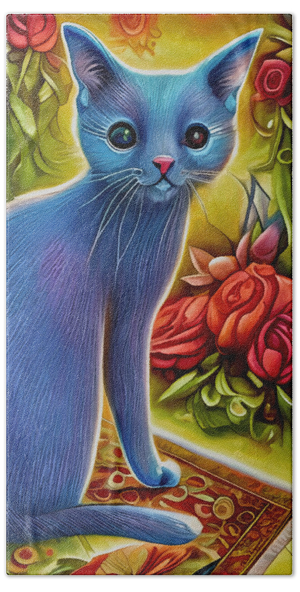 Blue Cat Hand Towel featuring the mixed media Blue Cat with Roses by Ann Leech