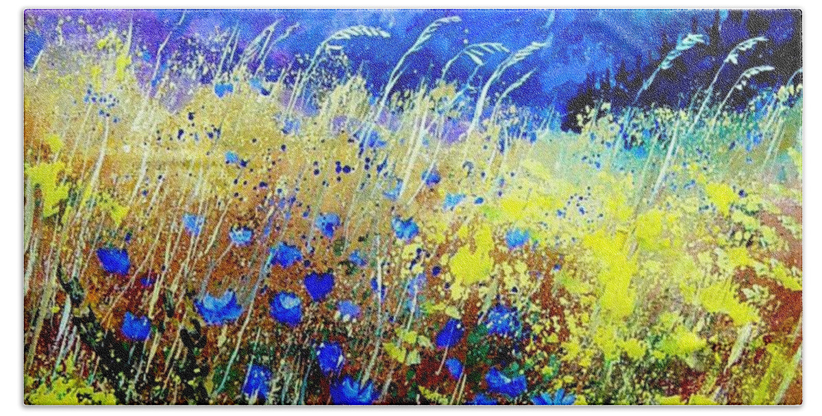 Poppies Hand Towel featuring the painting Blue cornflowers 67 by Pol Ledent