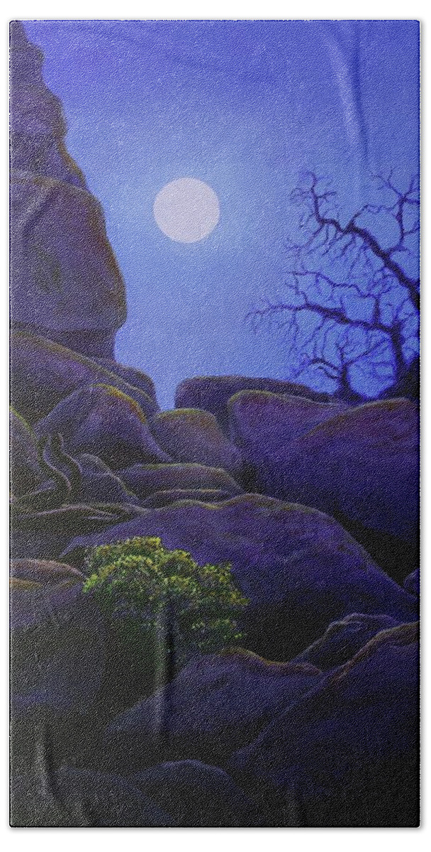 Kim Mcclinton Bath Towel featuring the painting Ghost Tree in Blue Desert Moon by Kim McClinton
