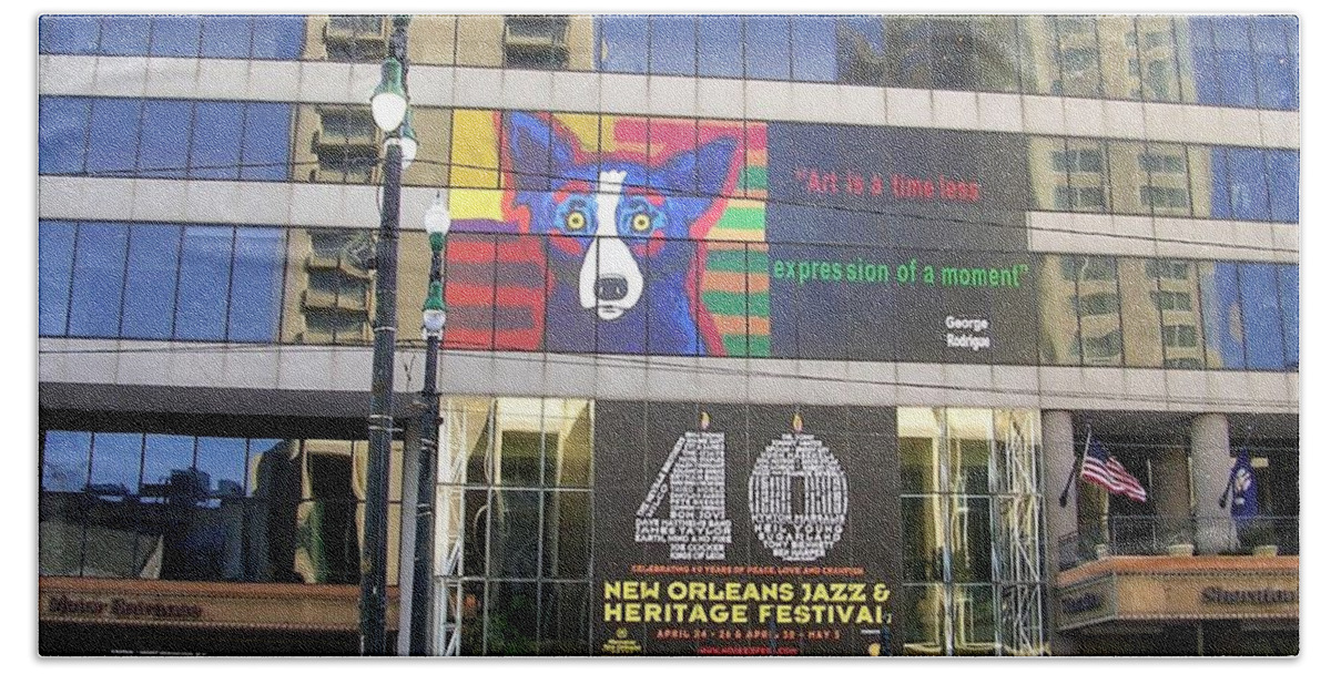 New Orleans Jazz And Heritage Festival 40th Anniversary Hand Towel featuring the photograph Blue Dog and 40th Jazz and Heritage Festival by Rosanne Licciardi