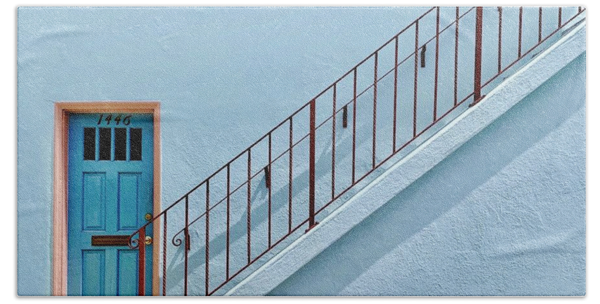  Bath Towel featuring the photograph Blue Door And Bannister by Julie Gebhardt