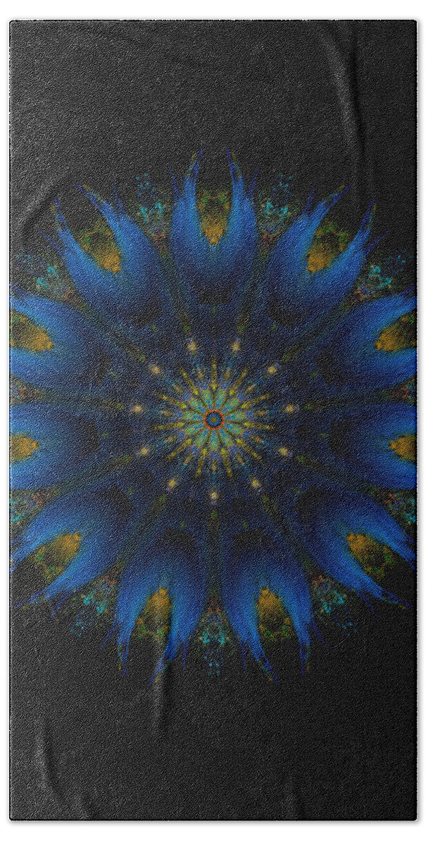 The Kosmic Blue Gold Mandala Of Kreation Is A Powerful Symbol Of Cosmic Creation. It Is A Representation Of The Divine Energy That Is The Source Of All Life. Its Colors Are Blue And Gold Bath Towel featuring the digital art Blue Gold Mandala by Michael Canteen