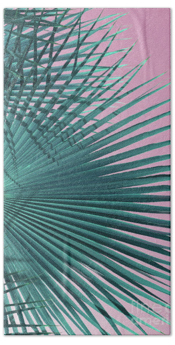 Palm Leaf Bath Towel featuring the photograph Blue-green palm leaf and pink sky, beach season by Adriana Mueller