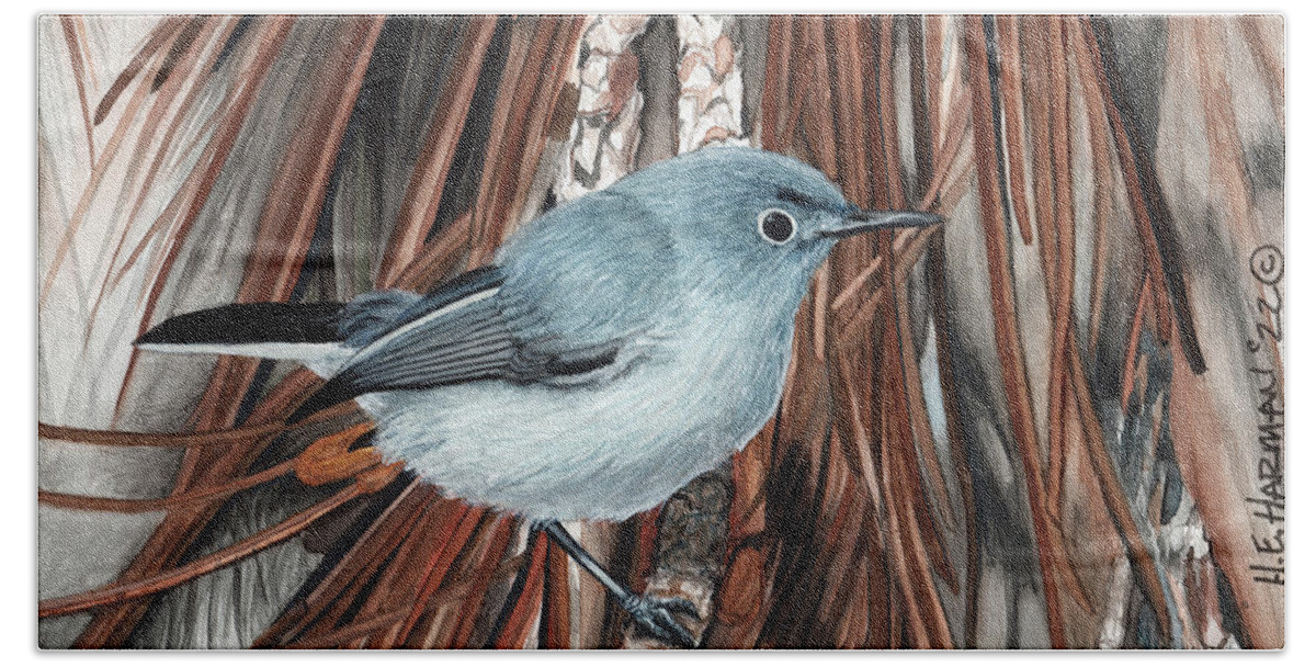 Gnatcatcher Hand Towel featuring the painting Blue-Grey Gnatcatcher by Heather E Harman
