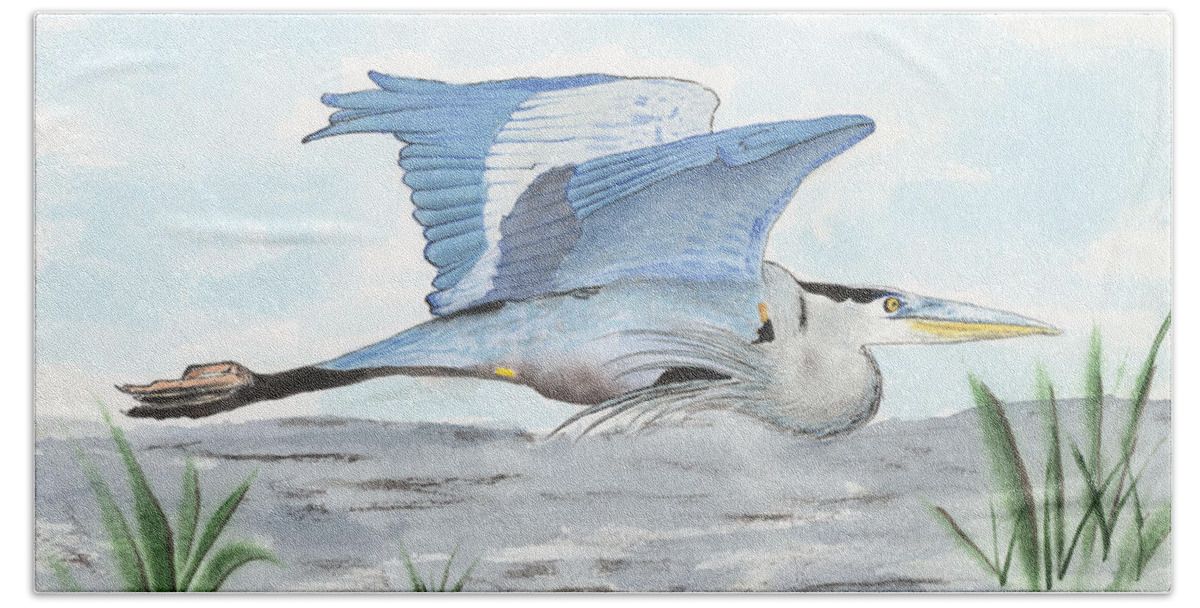 Blue Heron In Flight Bath Towel featuring the painting Blue Heron In Flight by Bob Labno