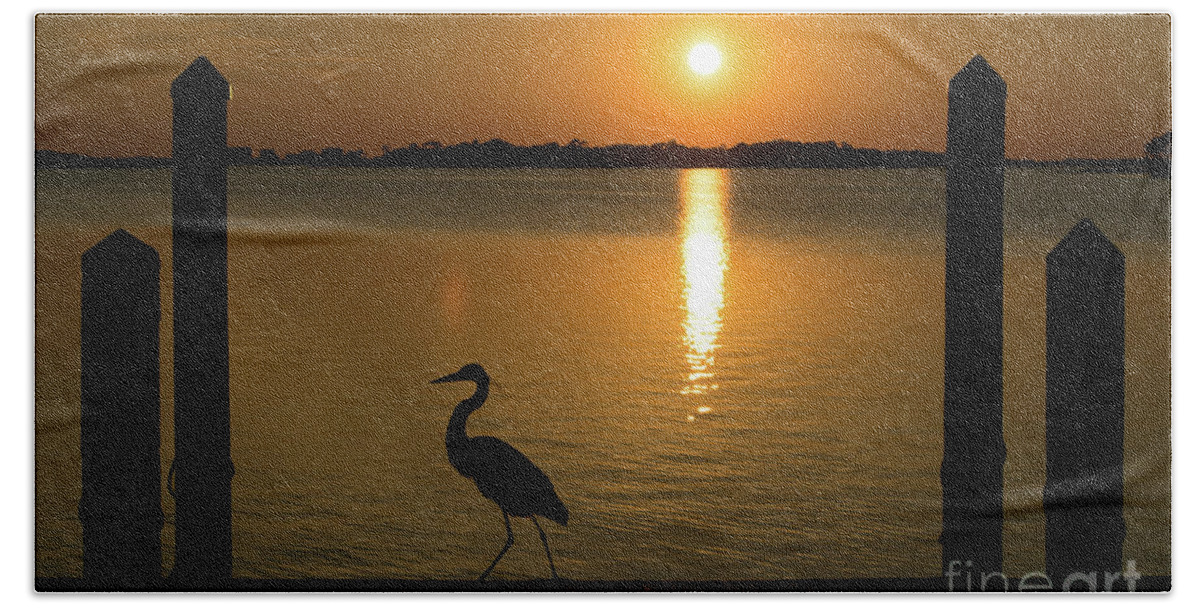 Reflection Hand Towel featuring the photograph Blue Heron on the Dock at Sunset by Beachtown Views