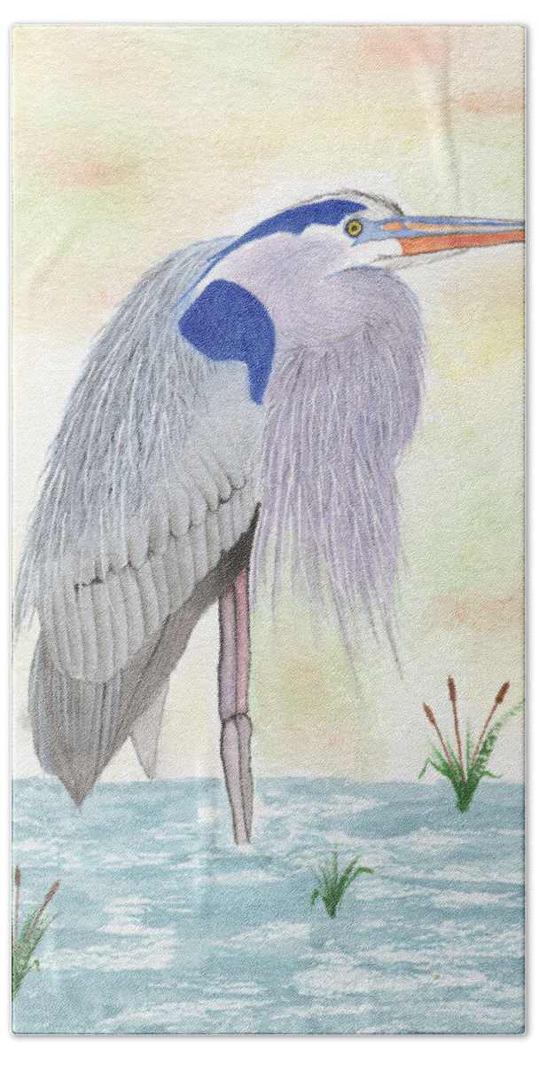 Blue Heron Hand Towel featuring the painting Blue Heron Standing by Bob Labno