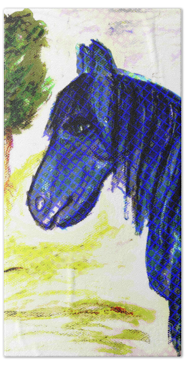 Horse Bath Towel featuring the mixed media Blue Horse by Mimulux Patricia No