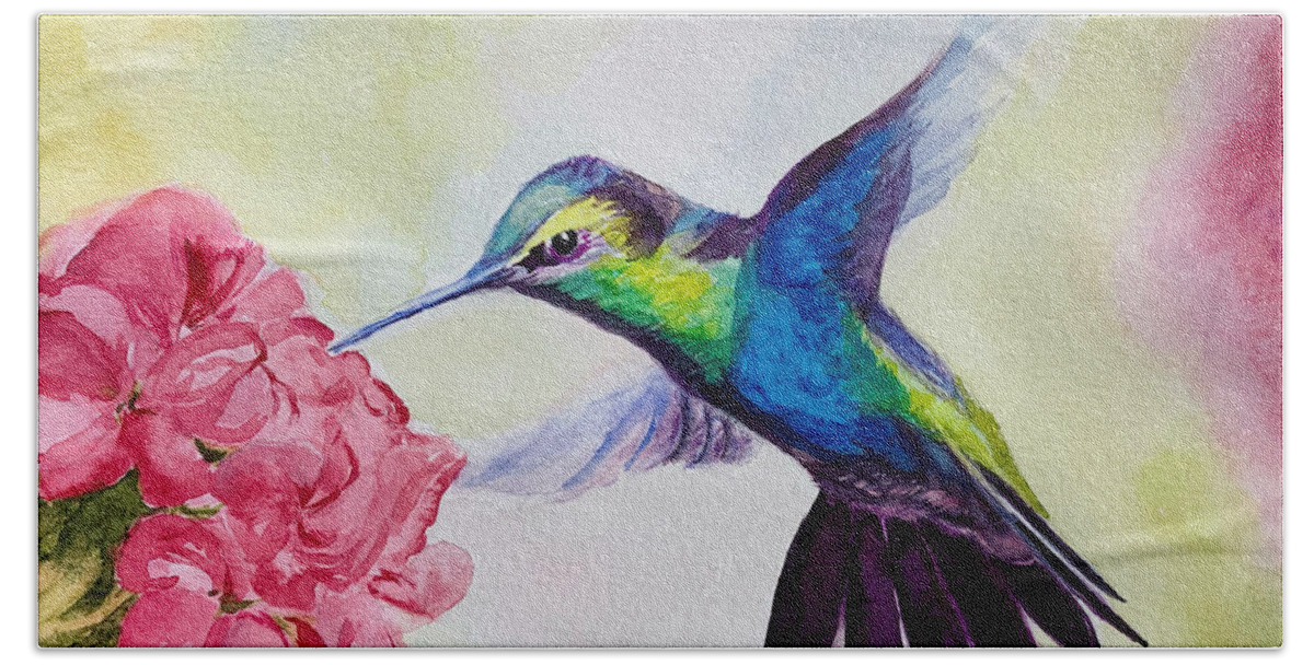 Humming Bird Bath Towel featuring the painting Blue Hummingbird by Tracy Hutchinson