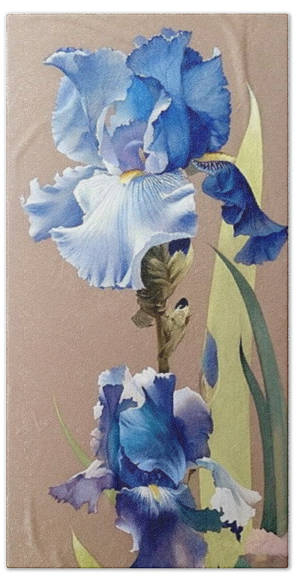 Russian Artists New Wave Bath Towel featuring the painting Blue Irises by Alina Oseeva
