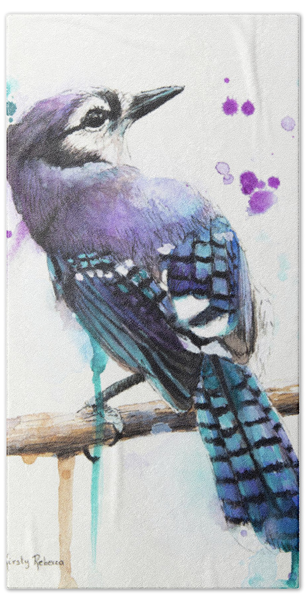 Blue Bird Bath Towel featuring the painting Blue Jay by Kirsty Rebecca