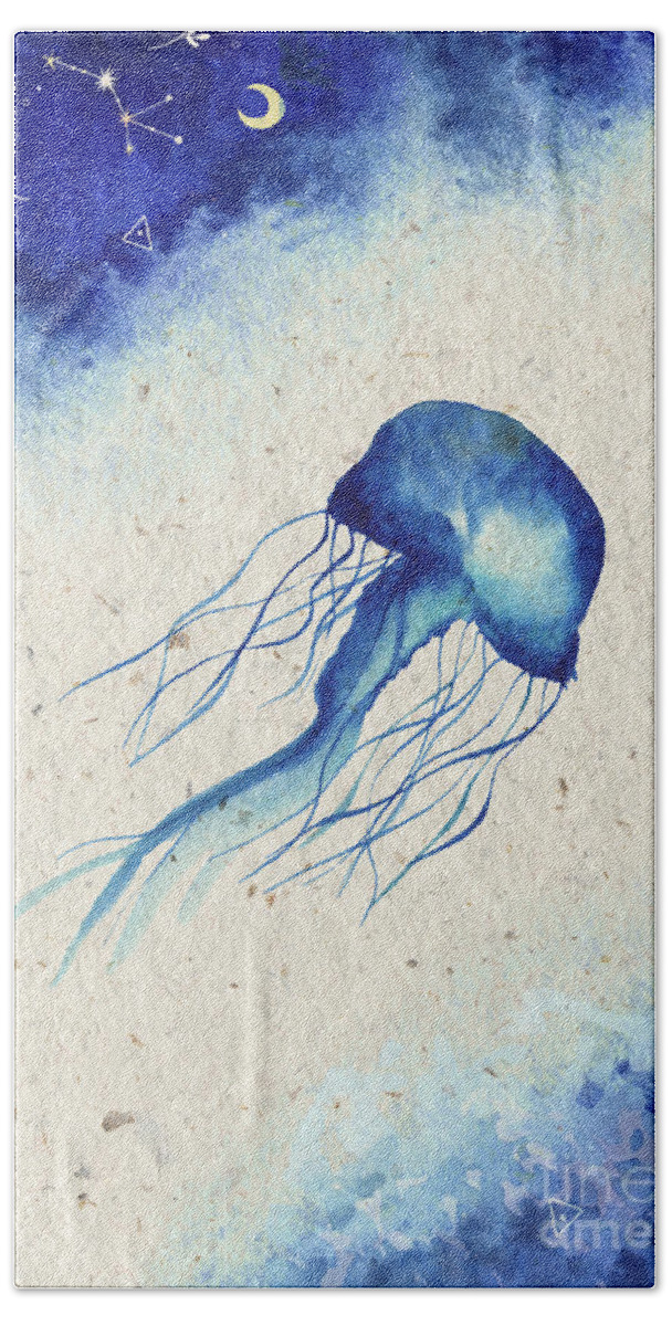 Blue Jellyfish Hand Towel featuring the painting Blue Jellyfish by Garden Of Delights
