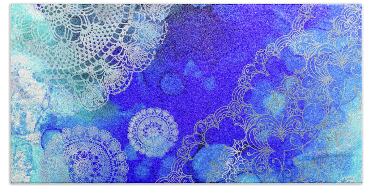Blue Bath Towel featuring the mixed media Blue Lace Abstract 58 by Lucie Dumas
