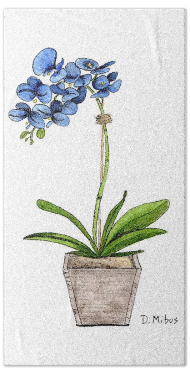 Blue Mystique Orchids Bath Towel featuring the painting Blue Mystique Orchids in Wood Planter by Donna Mibus