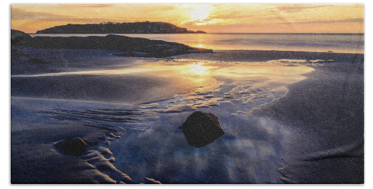 Good Harbor Beach Bath Towel featuring the photograph Blue N Gold Sunrise, Good Harbor by Michael Hubley