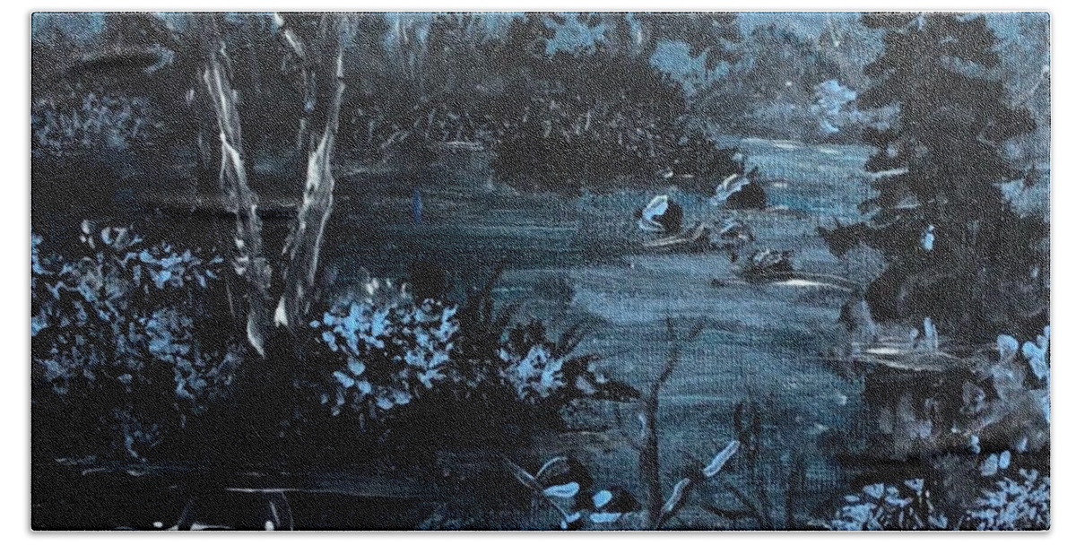 Landscape Bath Towel featuring the painting Blue night by Megan Walsh