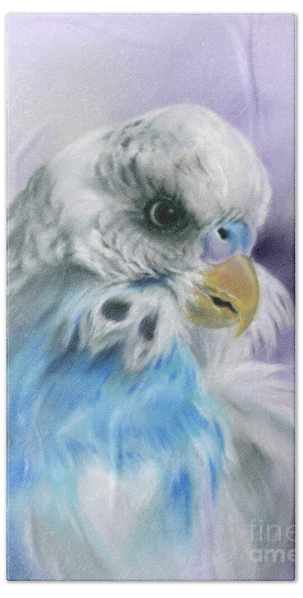 Bird Bath Towel featuring the painting Blue Parakeet Bird Portrait by MM Anderson