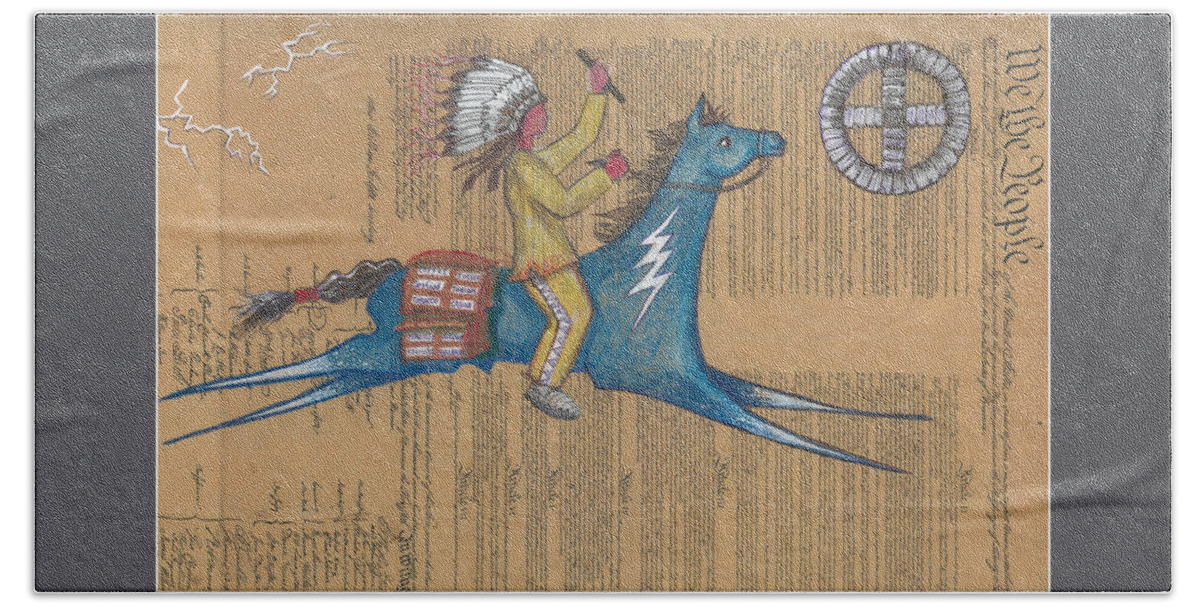 Ledger Art Hand Towel featuring the drawing Blue Pony on Constitution by Robert Running Fisher Upham