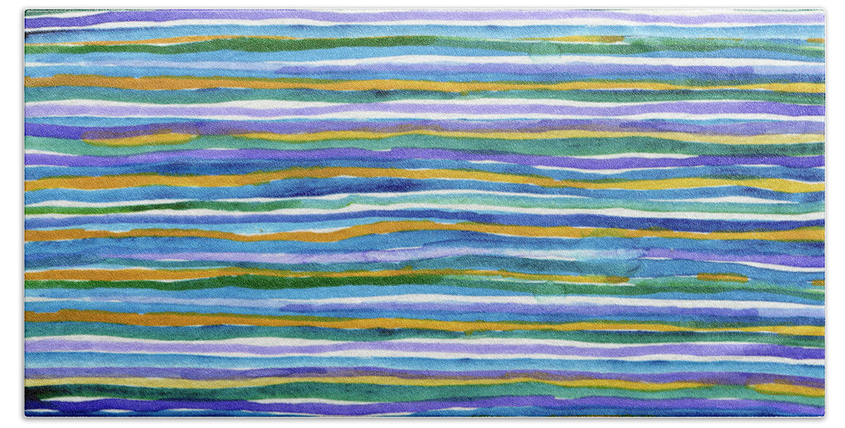 Blue Bath Towel featuring the painting Blue, Purple, Orange, and Green Stripes by Michele Fritz
