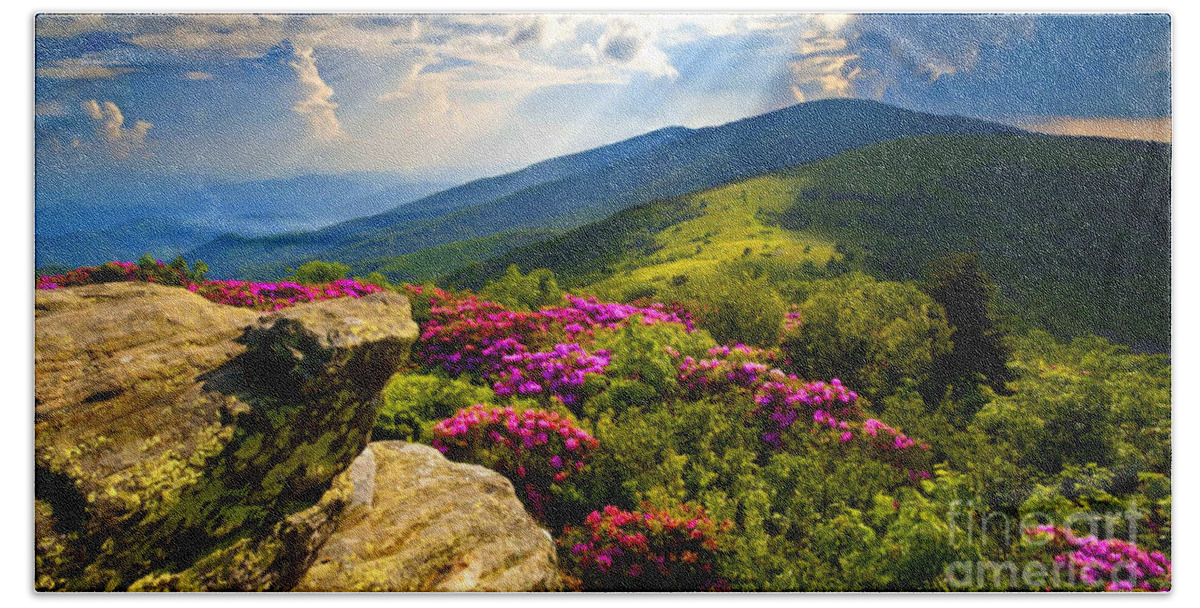 Blue Ridge Parkway Bath Towel featuring the mixed media Blue Ridge Parkway Catawba Rhododendrons by Sandi OReilly