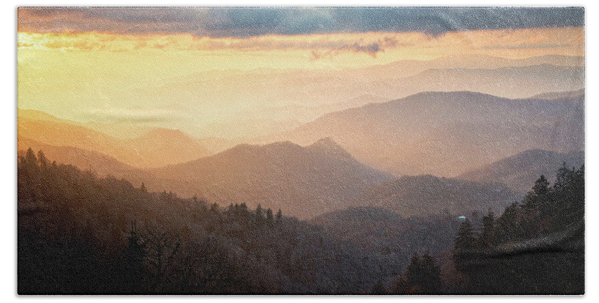 Sunset Bath Towel featuring the photograph Blue Ridge Parkway Cherokee NC Winter Sunset Scenic by Robert Stephens