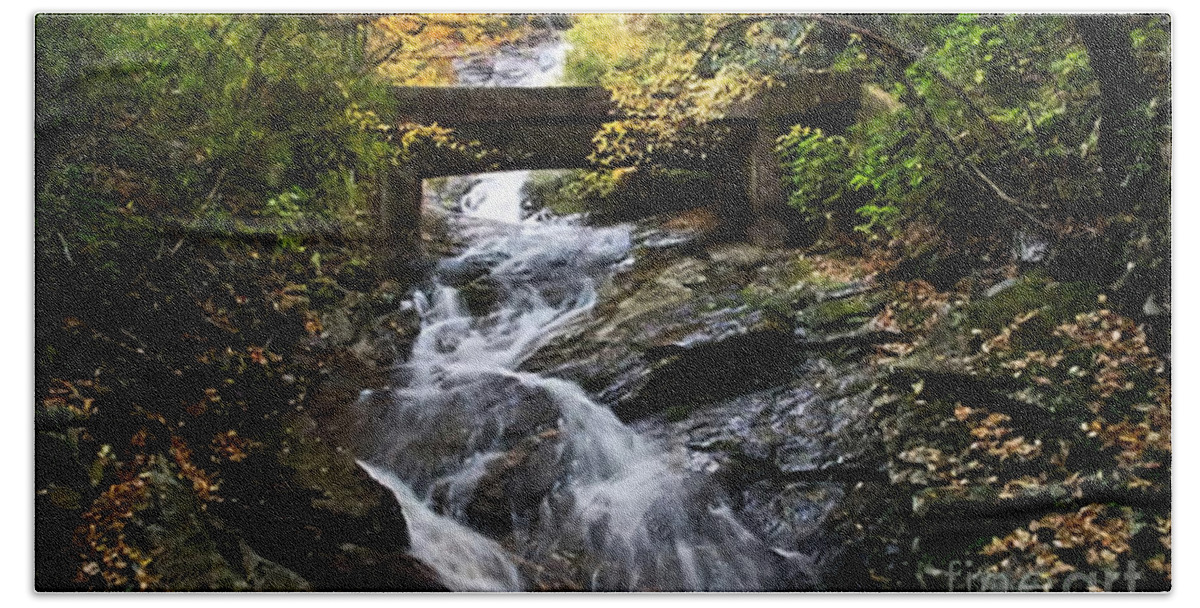 Wildcat Falls Bath Towel featuring the mixed media Blue Ridge Wildcat Falls Bridge  by Sandi OReilly