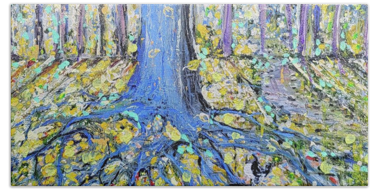 Trees Hand Towel featuring the painting Blue Roots by Evelina Popilian