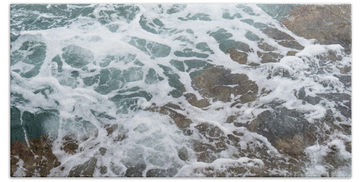 Sea Water Bath Towel featuring the photograph Blue sea water flows over the rocks 3 by Adriana Mueller