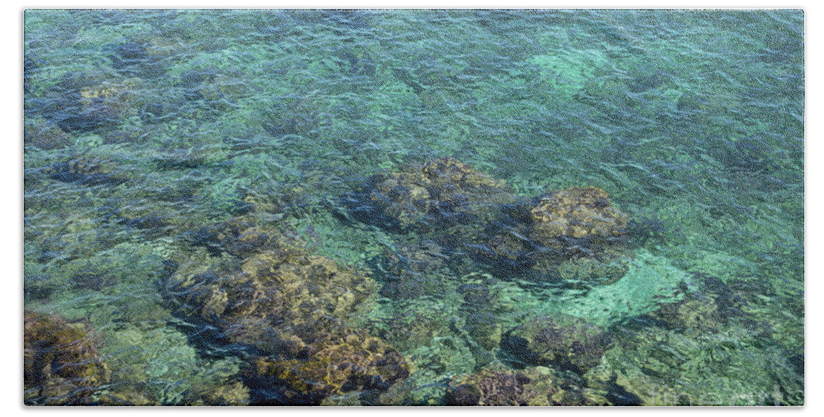 Sea Water Bath Towel featuring the photograph Blue sea water, rocks and gentle waves 1 by Adriana Mueller