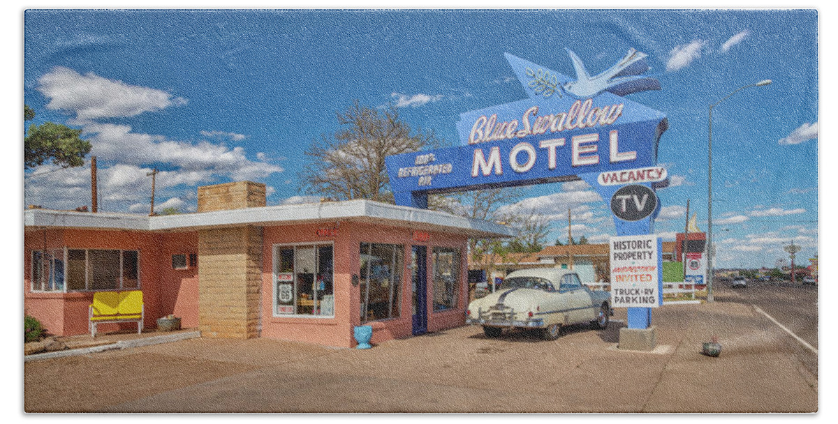 Blue Swallow Motel Bath Towel featuring the photograph Blue Swallow Motel by Jurgen Lorenzen