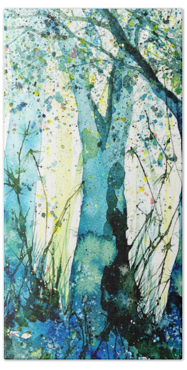 Forest Hand Towel featuring the painting Blue forest #1 by Nataliya Vetter