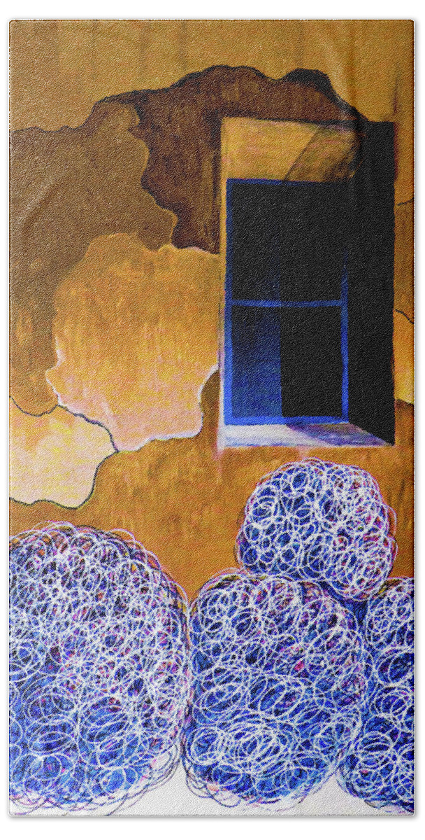 Southwest Hand Towel featuring the painting Blue Tumbleweeds at Blue Window Two by Ted Clifton
