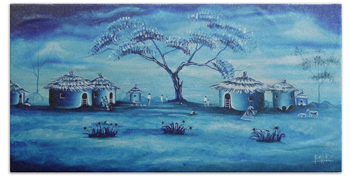 Africa Bath Towel featuring the painting Blue village by Femi