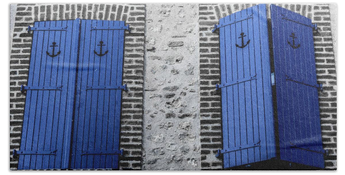 Port City Bath Towel featuring the photograph Blue windows in Normandy, France by Fabiano Di Paolo